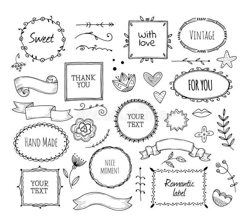 Scrapbook sketch elements. Doodle square borders decorative banner hand drawn photo frame fashion ribbons vintage vector illustration Scrapbook sketch elements. Doodle square borders decorative banner hand drawn photo frame fashion ribbons vintage vector illustration