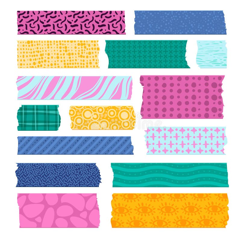 Scrapbook tape. Color patterned borders, decoration adhesive tapes. Paper scotch strips, colorful fabrics tags vector stock illustration Scrapbook tape. Color patterned borders, decoration adhesive tapes. Paper scotch strips, colorful fabrics tags vector stock illustration