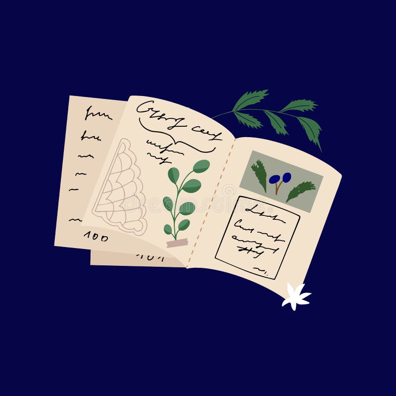 Scrapbook with text and plants. Hand drawn vector illustration. Herbarium royalty free illustration