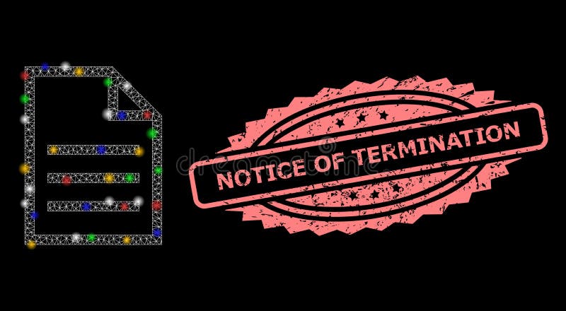Scratched Notice of Termination Stamp Seal and Net Text Page with Flash Nodes. Glowing mesh net text page with flash nodes, and Notice of Termination corroded rosette stamp seal. Illuminated vector mesh created from text page pictogram.