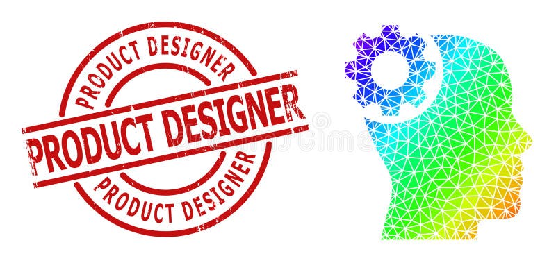 Scratched Product Designer Stamp Seal and Lowpoly Rainbow Brain Gear Icon with Gradient royalty free stock photo