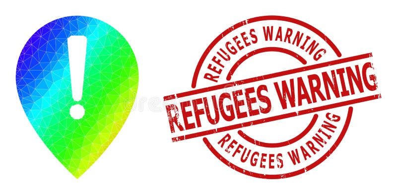 Scratched Refugees Warning Stamp Print and Polygonal Spectrum Notice Map Pointer Icon with Gradient stock illustration
