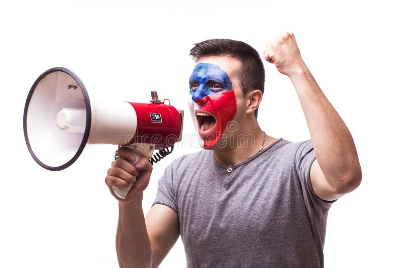 Scream on megaphone Czech football fan in game supporting of Czech Republic