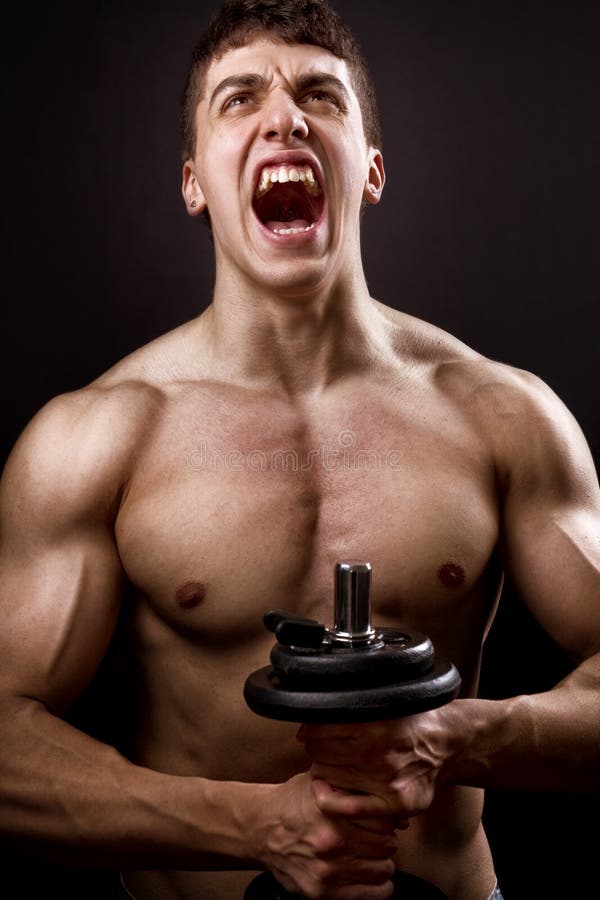 Scream of powerful muscular bodybuilder