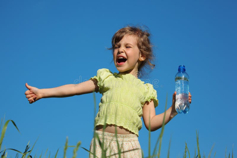 Screaming girl with plastic bottle with water