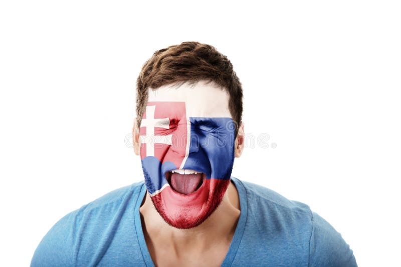 Screaming man with Slovakia flag on face.