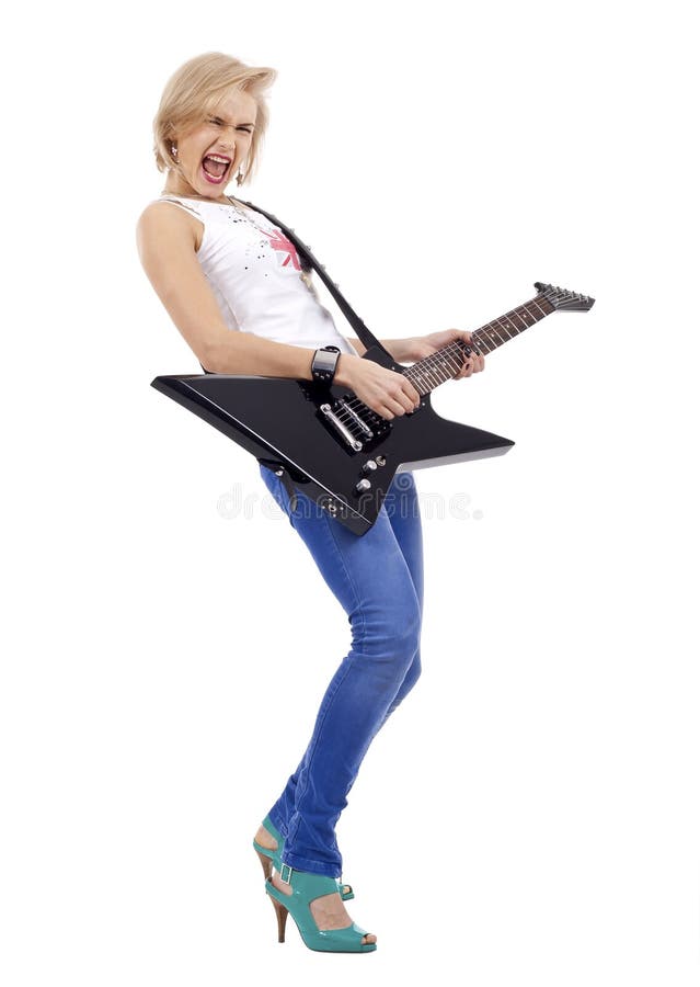 Screaming rock woman with guitar
