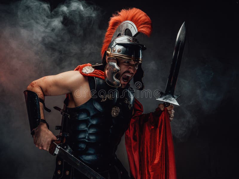 Screaming and savage roman warrior with swords and armour