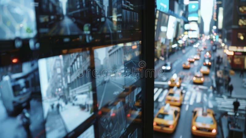 A screen displaying realtime footage from different locations in the city highlighting the use of intelligent algorithms to detect potential threats or unusual activities. Intelligent algorithms stock images, royalty-free photos and pictures