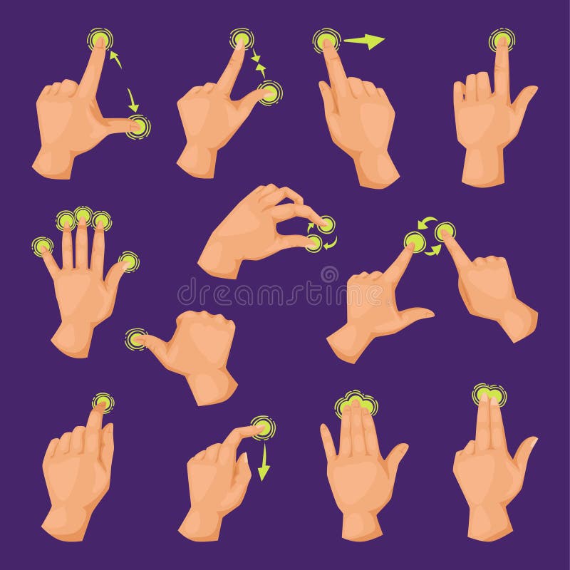 Screen mobile gadget motion fingers gestures tap and hand touch phone communication touchscreen electronic tablet device vector illustration