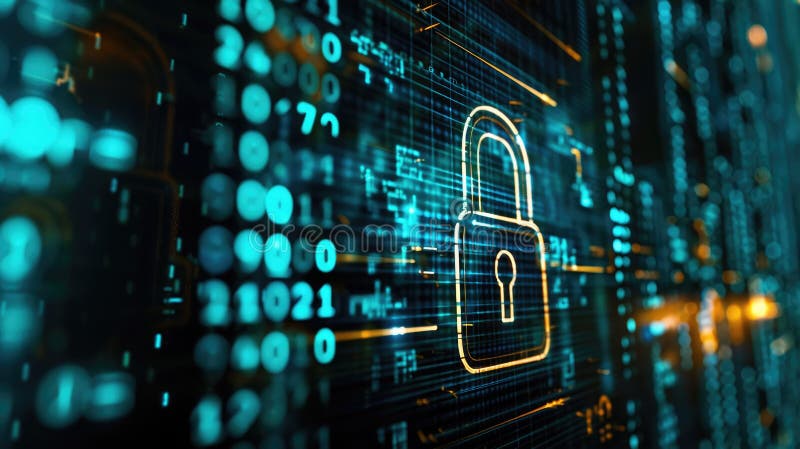 Screen showing digital lock and binary code, highlighting secure data encryption. Cybersecurity expert stock image
