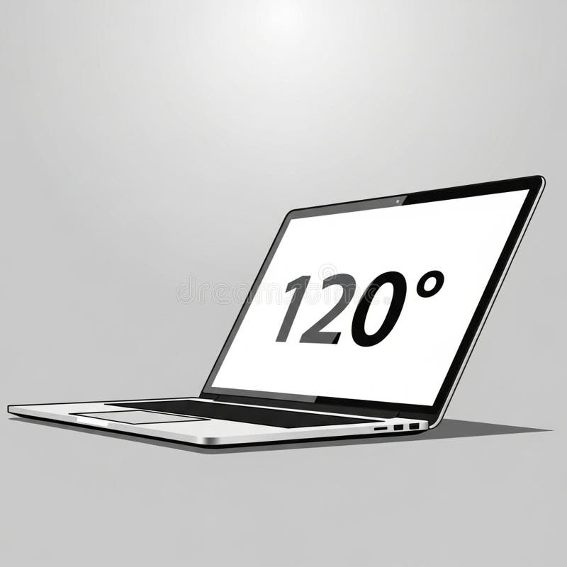 A laptop displayed against a plain gray background. The screen shows the text 120 in bold black font. The laptop lid is open suggesting a screen angle of 120 degrees. The laptop has a minimalist design featuring a silver body with a black keyboard. The perspective shows the right side revealing USB and other ports. The overall look is sleek and modern. Laptop side angle illustrations