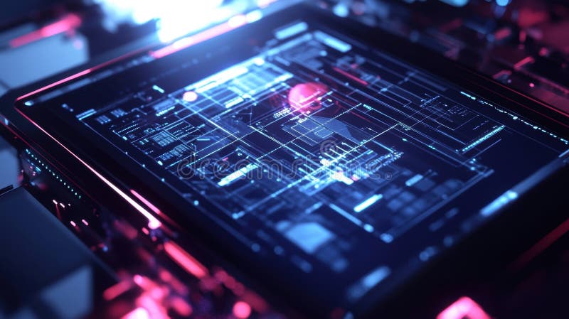 The screen of a tablet is illuminated revealing video feeds of factory team members. An intricate digital blueprint stock image
