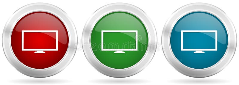Screen, Tv Vector Icon Set. Red, Blue and Green Silver Metallic 