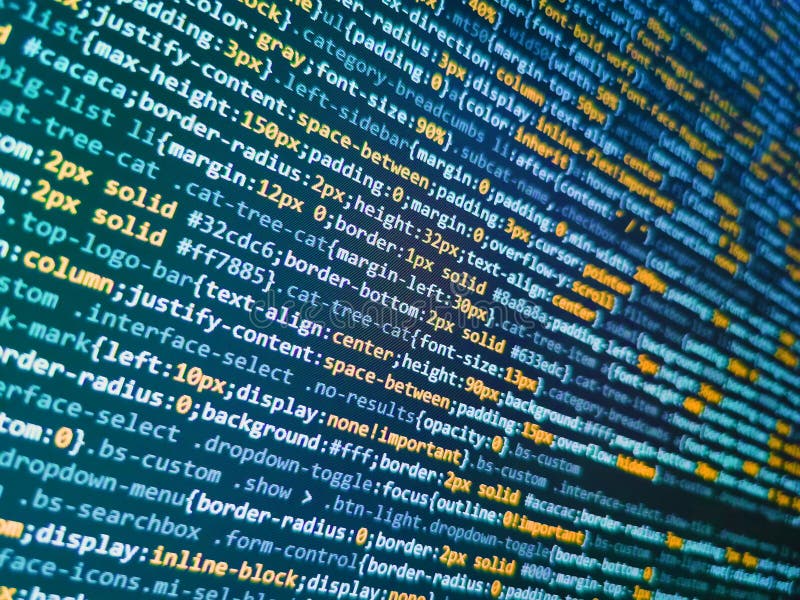 Screen of web developing javascript code. Concept screen of experienced web developer. Close up of random computer code comprised stock image