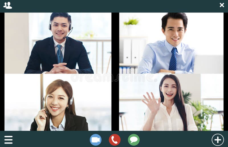 Screenshot of smiling business group online brainstorm on video conference stock image.