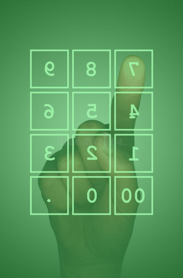 Green computer touch screen numeric keypad and hand. Green computer touch screen numeric keypad and hand