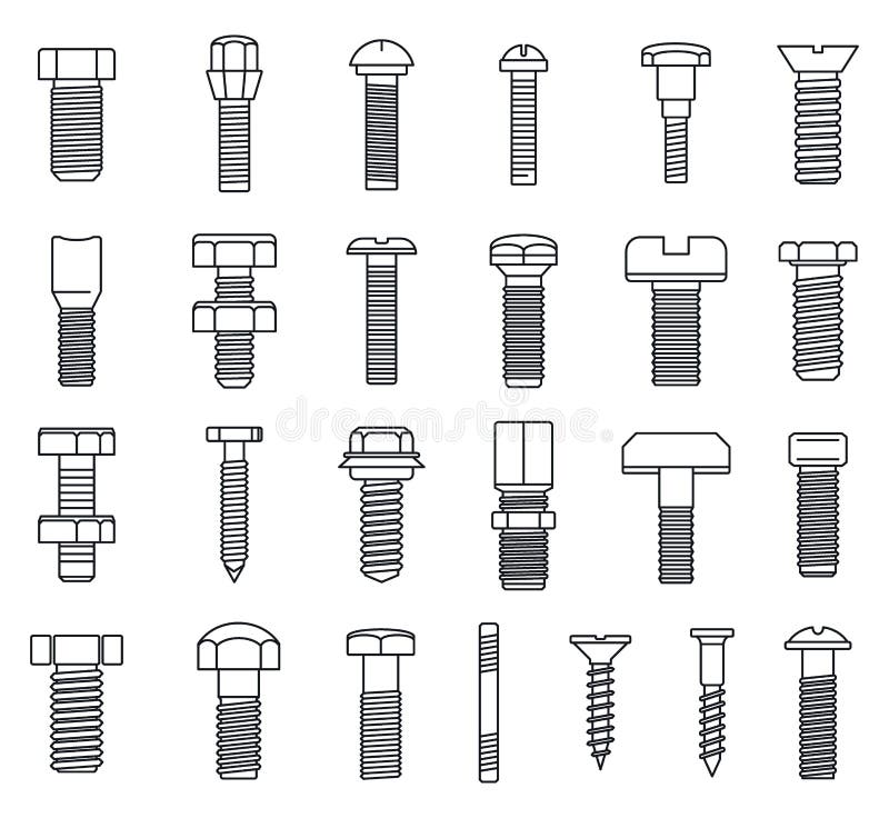 Screw-bolt industrial icons set, outline style