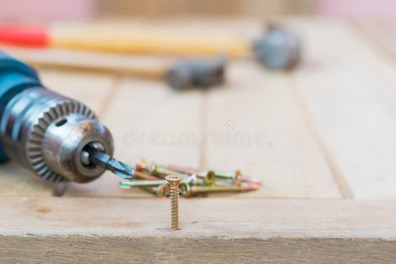 Screw,hammer and Electric Drill on Wood Stock Image Image of