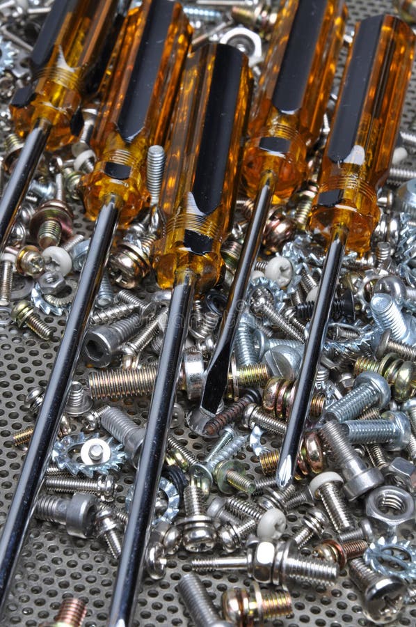 Screwdrivers and Components Bolts, Nuts, Washers, Screws Stock Photo