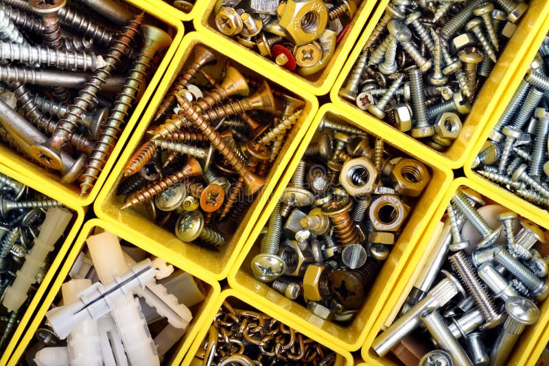 Screws, bolts, nuts and other carpenter stuff in a