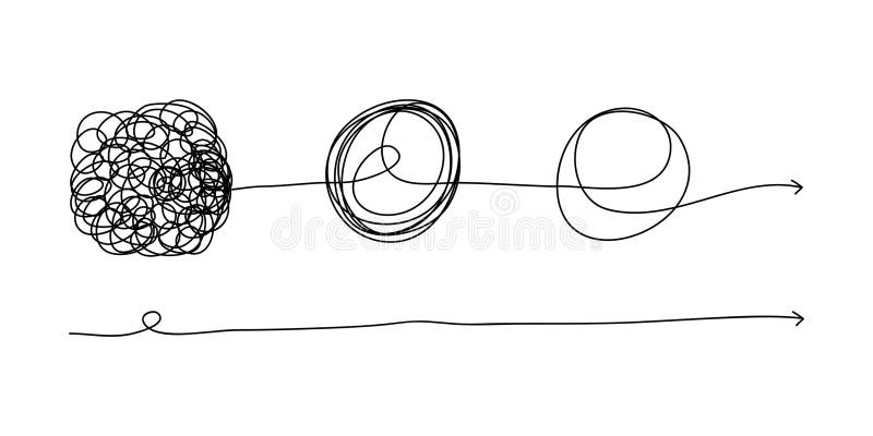 Scribble line doodles. the concept of transition from complicated to simple, simplifying the complex, confusion clarity or path vector illustration