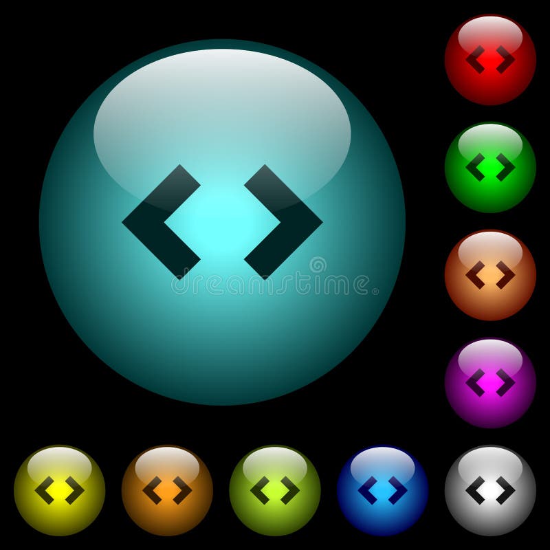 Script code icons in color illuminated glass buttons. Script code icons in color illuminated spherical glass buttons on black background. Can be used to black or dark templates