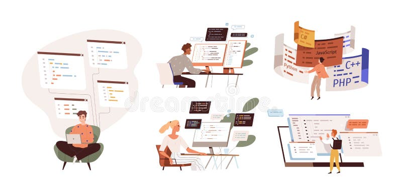 一组在电脑上进行网页开发的程序员。PHP、Python脚本编码和编程的概念 皇族释放例证