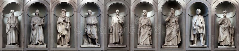 Scrittori famosi degli artisti di rinascita della galleria delle statue, Uffizi, Firenze, Italia