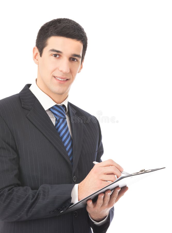 Scrittura dell'uomo d'affari, isolata immagine stock