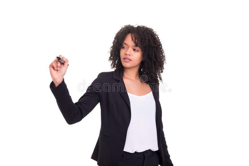 Scrittura della donna di affari con l'indicatore sullo schermo virtuale fotografia stock Scrittura della donna di affari con l'indicatore sullo schermo virtuale fotografia stock