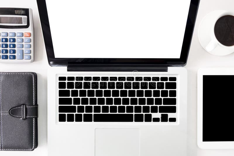Scrivania di affari di vista superiore con l'immagine dell'intestazione dell'eroe dello spazio della copia fotografie stock libere da diritti Scrivania di affari di vista superiore con l'immagine dell'intestazione dell'eroe dello spazio della copia fotografie stock libere da diritti