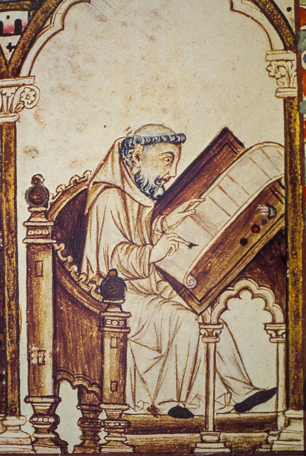 Scribe monk writing with the quill. Narrative vignette from The Cantigas de Santa Maria by Alfonso X of Castile El Sabio. El Escorial Library. Scribe monk writing with the quill. Narrative vignette from The Cantigas de Santa Maria by Alfonso X of Castile El Sabio. El Escorial Library