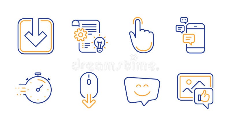 Scroll down, Communication and Timer icons set. Cogwheel, Smile face and Load document signs. Vector