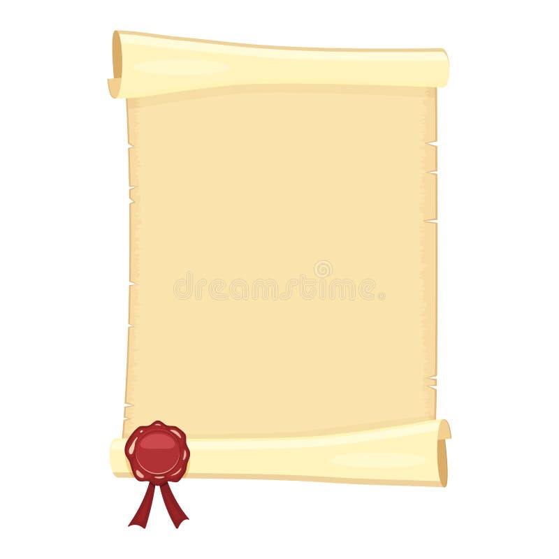 Scroll of old unfolded paper with red sealing wax. Vector illustration of an ancient canvas without text. vector illustration