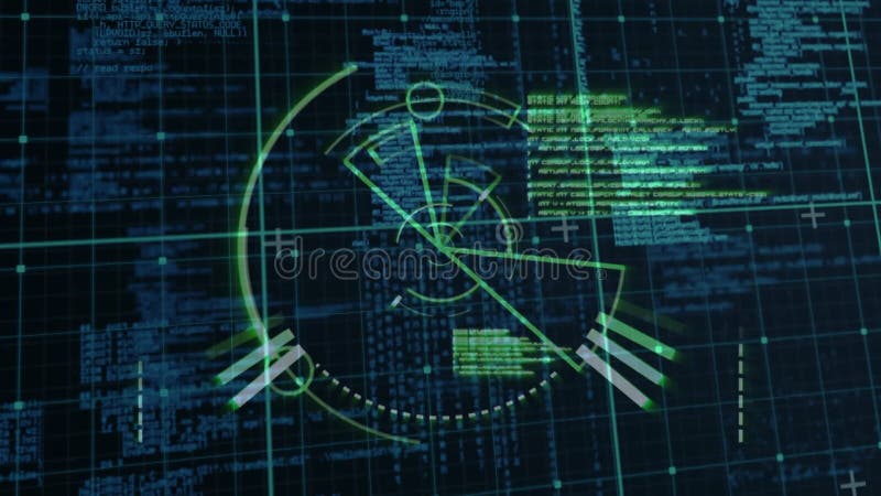Scrolling code starting HUD animation, rotating line pulsing bars expanding wedges scanning data stock illustration