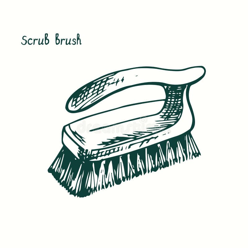 Scrub Brush with Handle. Ink Black and White Doodle Drawing Stock