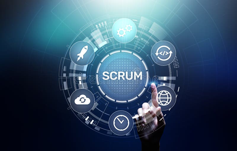 SCRUM, Agile development methodology, programming and application design technology concept on virtual screen.