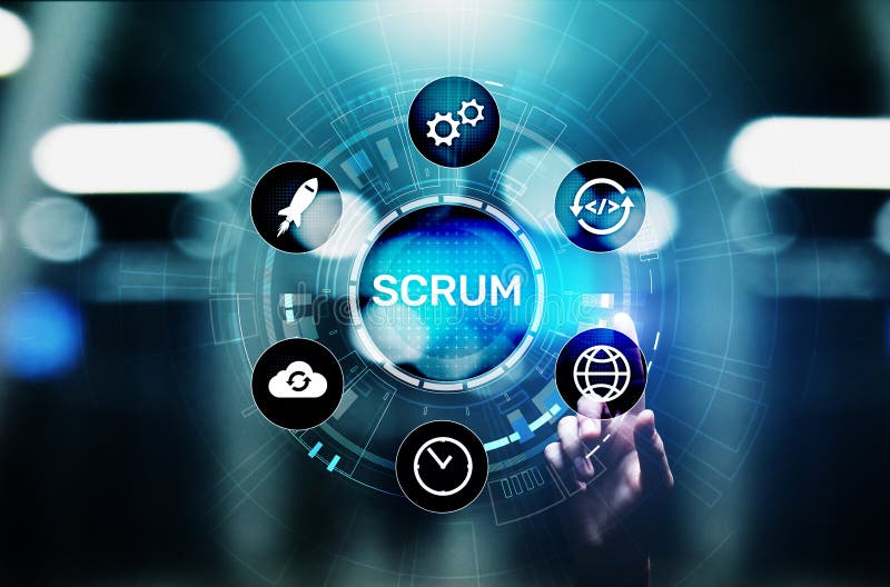 SCRUM, Agile development methodology, programming and application design technology concept on virtual screen. Software methodology stock images, royalty-free photos and pictures