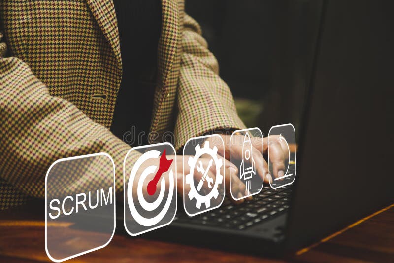 Scrum process software development concept. SCRUM, agile development methodology concept. Businessman using laptop with SCRUM icons on virtual screen. Software methodology stock images, royalty-free photos and pictures