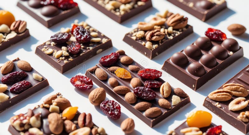 A Scrumptious Collection of Gourmet Chocolate Bars Loaded with Assorted Nuts and Dried Fruits stock images