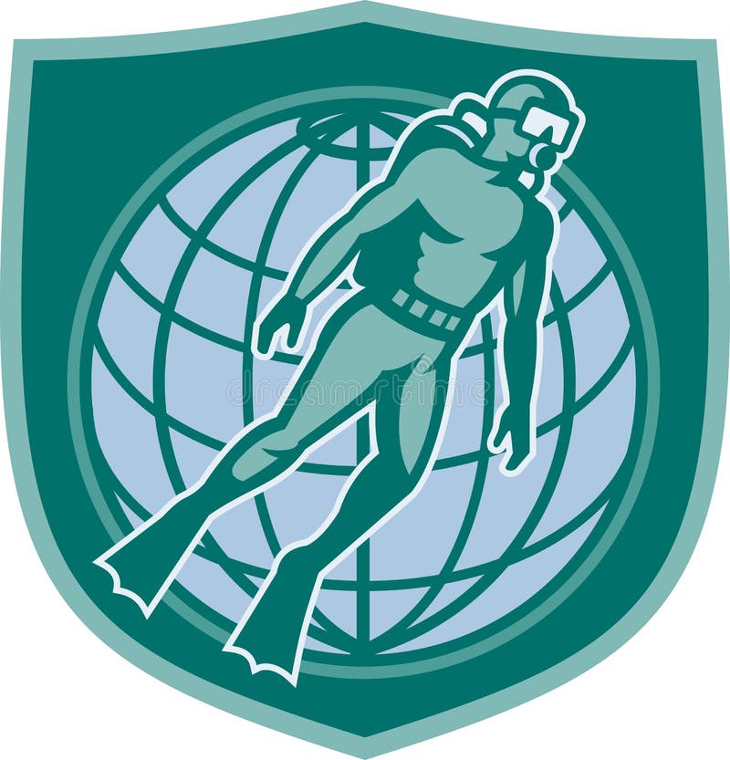 Scuba Diver Diving Dive World Shield royalty free illustration