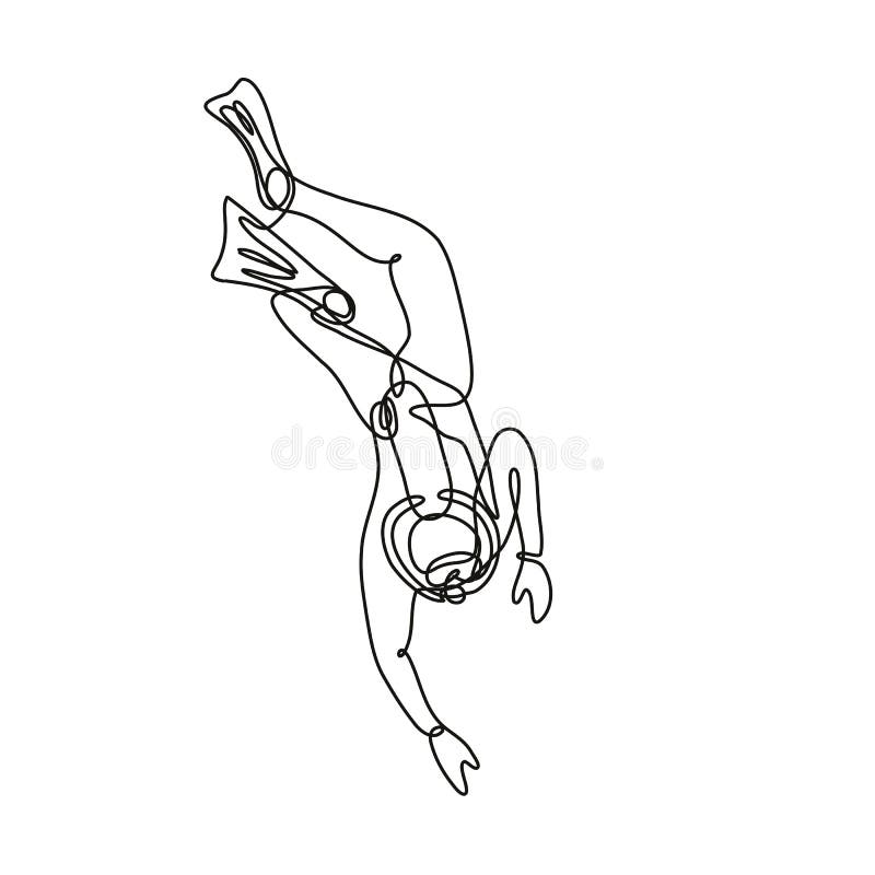 Scuba Diver Diving Down Continuous Line Drawing vector illustration
