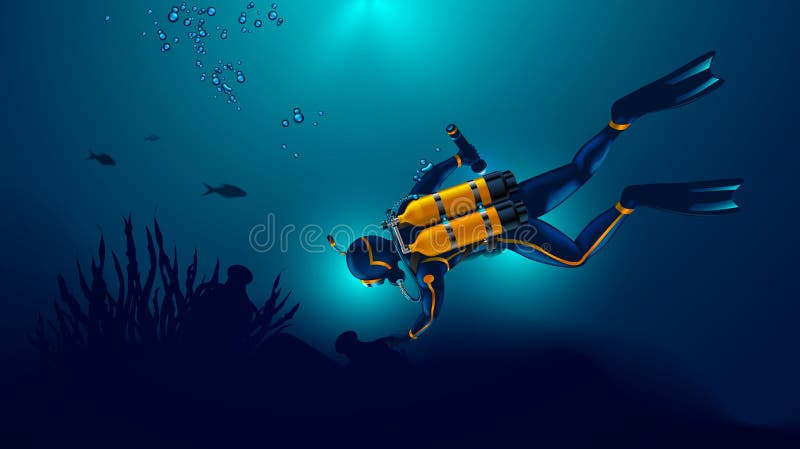 Scuba diver exploring the seabed. Underwater archaeologist found an ancient jug underwater. Oxygen cylinders on the back of the royalty free illustration