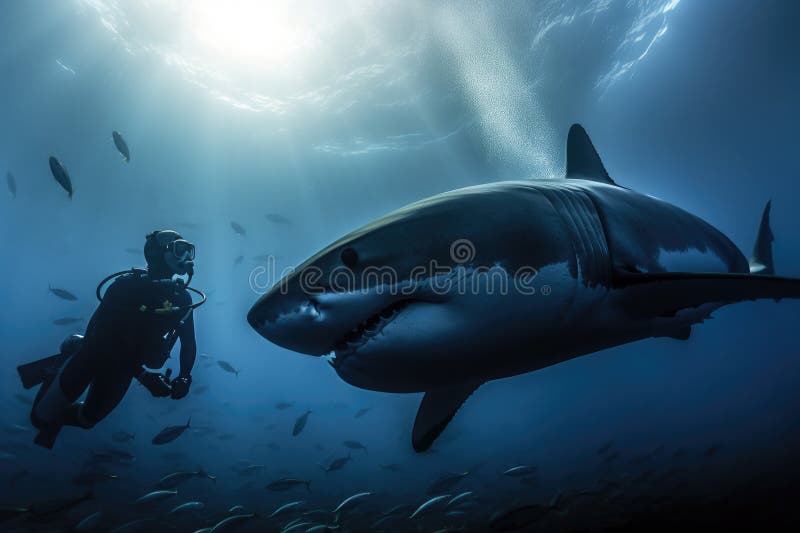 Scuba diver and shark stock illustration. Illustration of diving