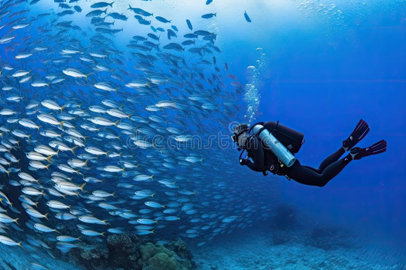 Scuba Diver Swimming with Schools of Fish in Underwater Paradise Stock