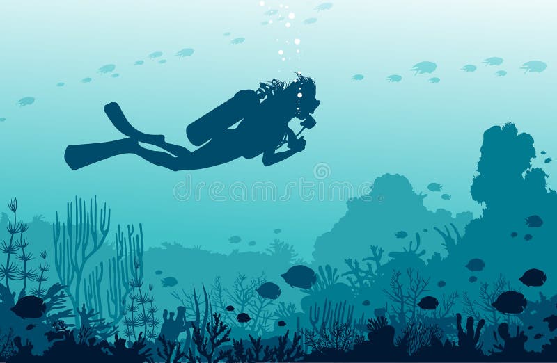 Scuba divers, mantas, coral reef, fishes. Underwater sea nad water sport.