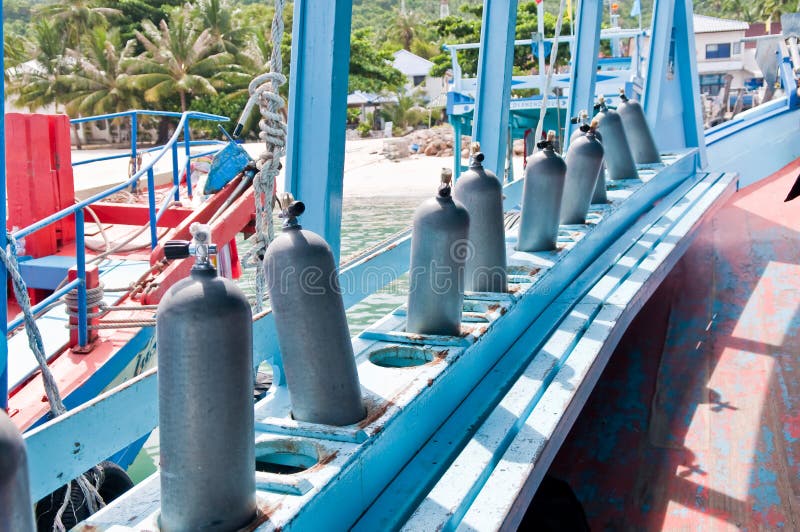 Scuba diving tanks . stock image. Image of boat, aqualung 25452859