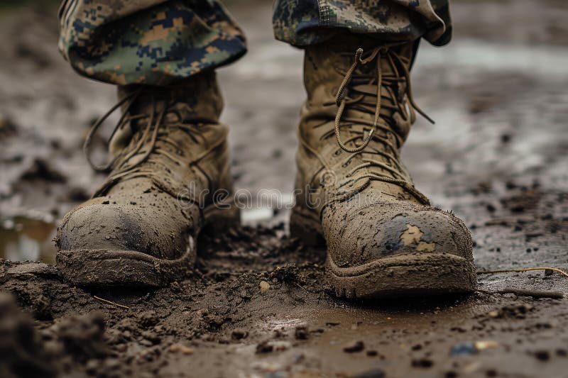 Scuffed Army boots dirty. Generate Ai. Scuffed Army boots dirty. Shoe hiking pair. Generate Ai AI generated