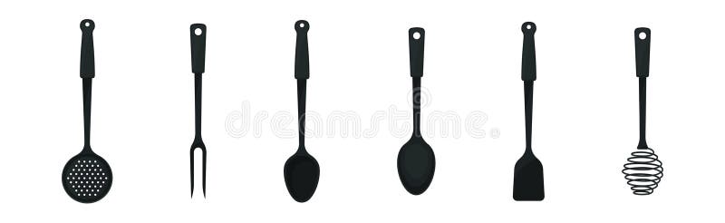 Scule de bucătărie din plastic negru cu lingură spatulă și set de vectori pentru mușețel stock illustration